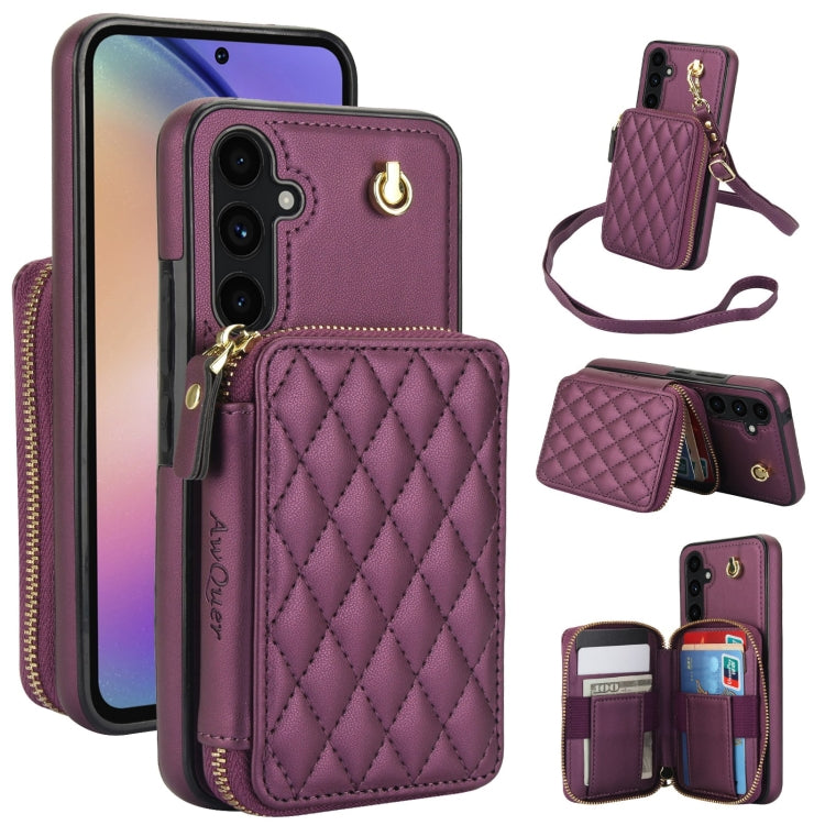 For Samsung Galaxy A54 4G / 5G AwQuer Crossbody Zipper Wallet Rhombic Leather Back Phone Case(Dark Purple)