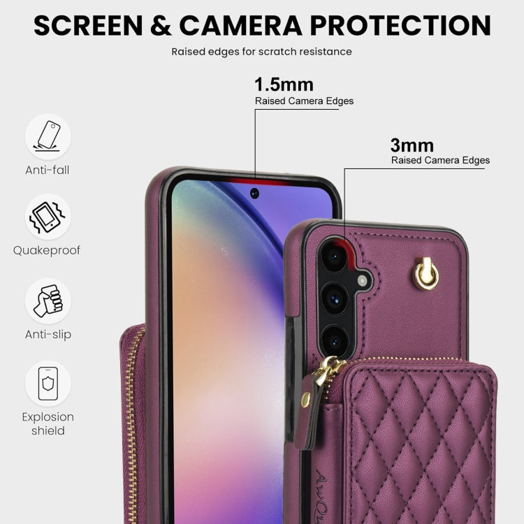 For Samsung Galaxy A54 4G / 5G AwQuer Crossbody Zipper Wallet Rhombic Leather Back Phone Case(Dark Purple)