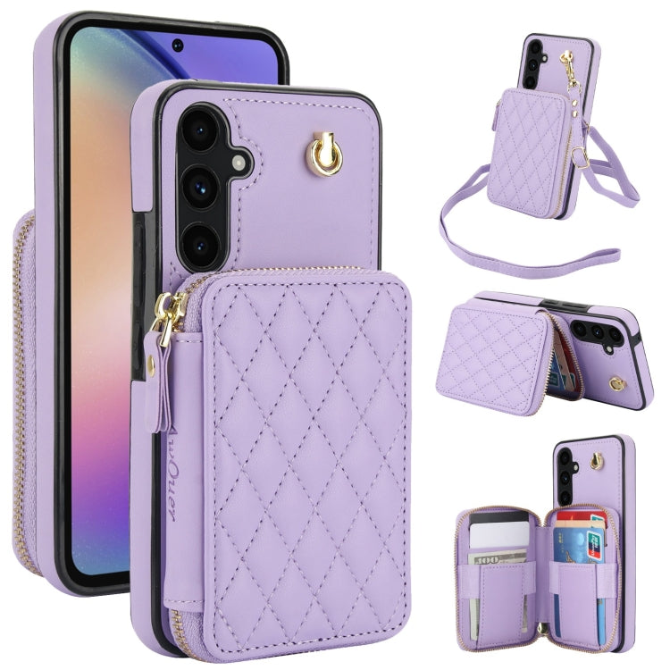 For Samsung Galaxy A54 4G / 5G AwQuer Crossbody Zipper Wallet Rhombic Leather Back Phone Case(Purple)