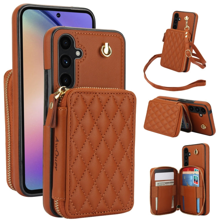 For Samsung Galaxy A54 4G / 5G AwQuer Crossbody Zipper Wallet Rhombic Leather Back Phone Case(Brown)