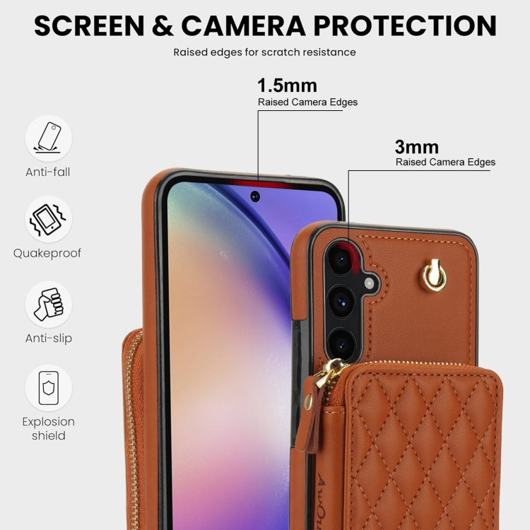 For Samsung Galaxy A54 4G / 5G AwQuer Crossbody Zipper Wallet Rhombic Leather Back Phone Case(Brown)