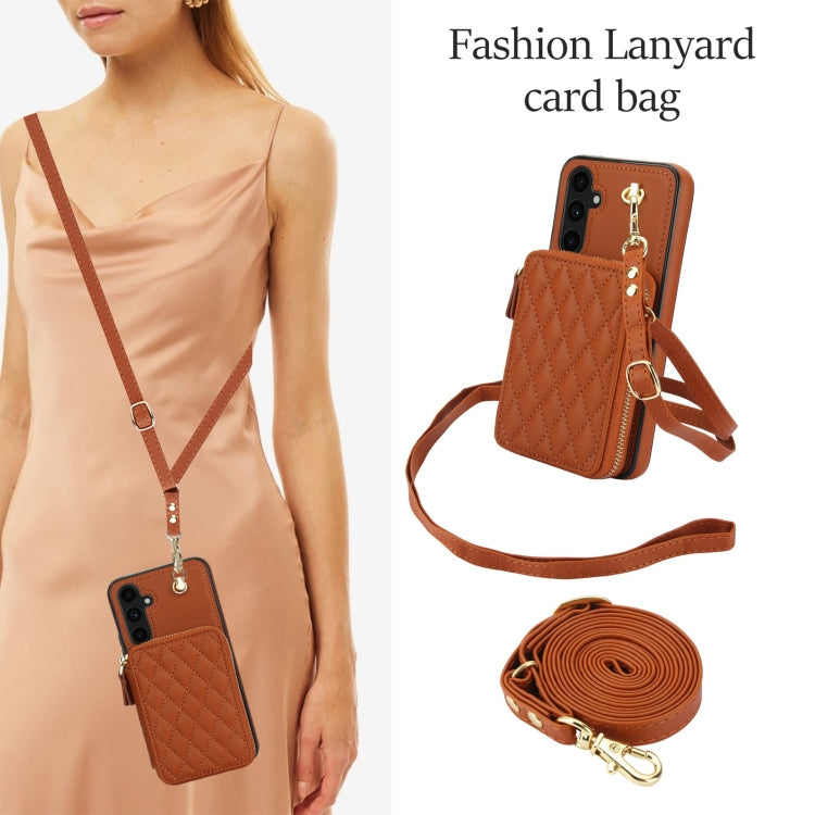 For Samsung Galaxy A54 4G / 5G AwQuer Crossbody Zipper Wallet Rhombic Leather Back Phone Case(Brown)