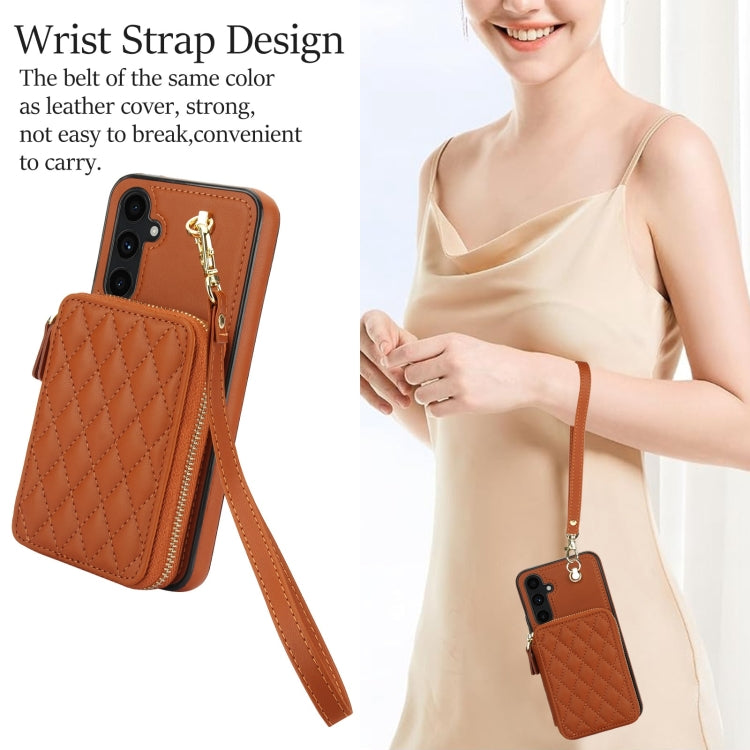 For Samsung Galaxy A54 4G / 5G AwQuer Crossbody Zipper Wallet Rhombic Leather Back Phone Case(Brown)