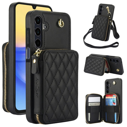 For Samsung Galaxy A15 4G / 5G AwQuer Crossbody Zipper Wallet Rhombic Leather Back Phone Case(Black)