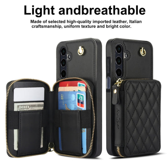 For Samsung Galaxy A15 4G / 5G AwQuer Crossbody Zipper Wallet Rhombic Leather Back Phone Case(Black)