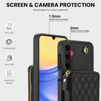 For Samsung Galaxy A15 4G / 5G AwQuer Crossbody Zipper Wallet Rhombic Leather Back Phone Case(Black)