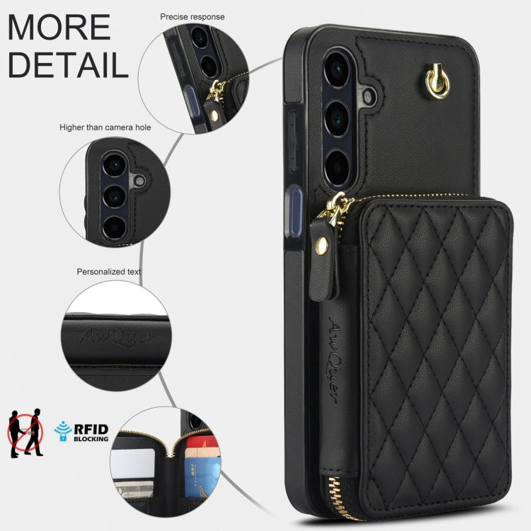 For Samsung Galaxy A15 4G / 5G AwQuer Crossbody Zipper Wallet Rhombic Leather Back Phone Case(Black)