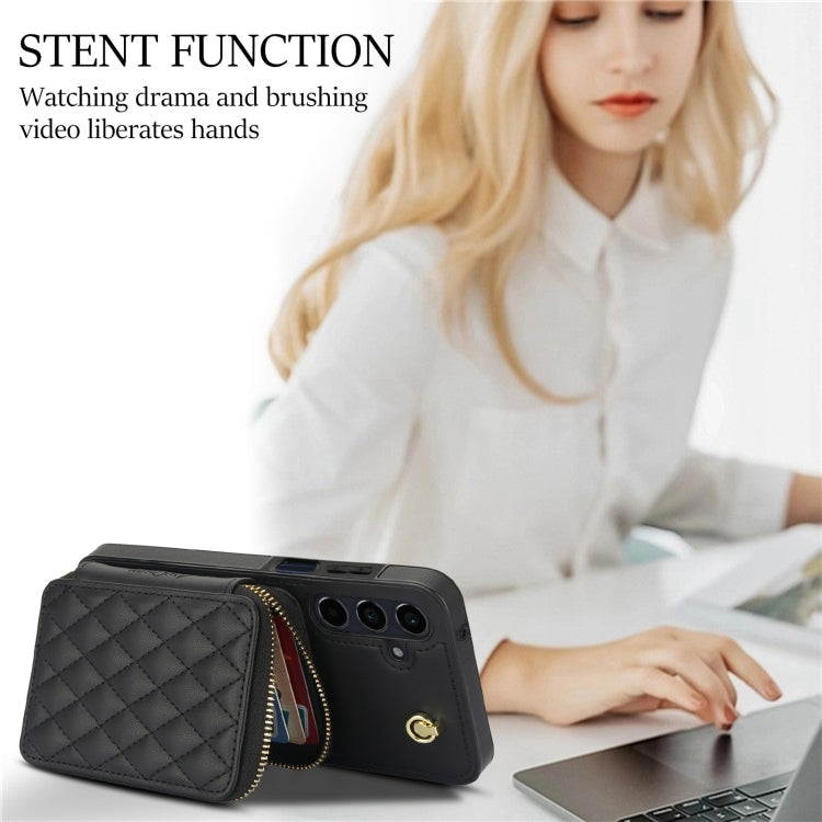 For Samsung Galaxy A15 4G / 5G AwQuer Crossbody Zipper Wallet Rhombic Leather Back Phone Case(Black)