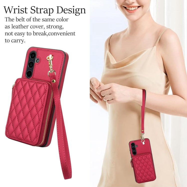 For Samsung Galaxy A15 4G / 5G AwQuer Crossbody Zipper Wallet Rhombic Leather Back Phone Case(Red)