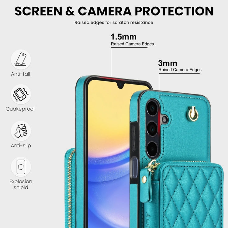 For Samsung Galaxy A15 4G / 5G AwQuer Crossbody Zipper Wallet Rhombic Leather Back Phone Case(Green)