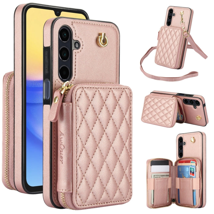 For Samsung Galaxy A15 4G / 5G AwQuer Crossbody Zipper Wallet Rhombic Leather Back Phone Case(Rose Gold)