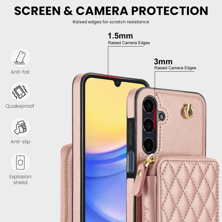 For Samsung Galaxy A15 4G / 5G AwQuer Crossbody Zipper Wallet Rhombic Leather Back Phone Case(Rose Gold)