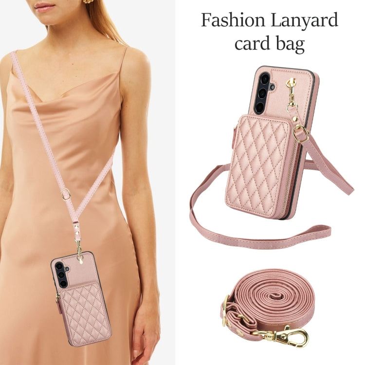 For Samsung Galaxy A15 4G / 5G AwQuer Crossbody Zipper Wallet Rhombic Leather Back Phone Case(Rose Gold)