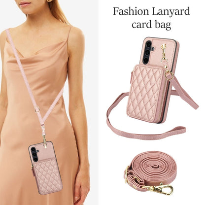 For Samsung Galaxy A15 4G / 5G AwQuer Crossbody Zipper Wallet Rhombic Leather Back Phone Case(Rose Gold)