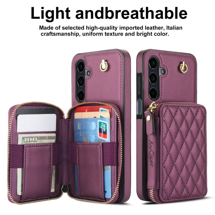 For Samsung Galaxy A15 4G / 5G AwQuer Crossbody Zipper Wallet Rhombic Leather Back Phone Case(Dark Purple)