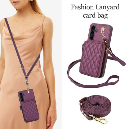For Samsung Galaxy A15 4G / 5G AwQuer Crossbody Zipper Wallet Rhombic Leather Back Phone Case(Dark Purple)