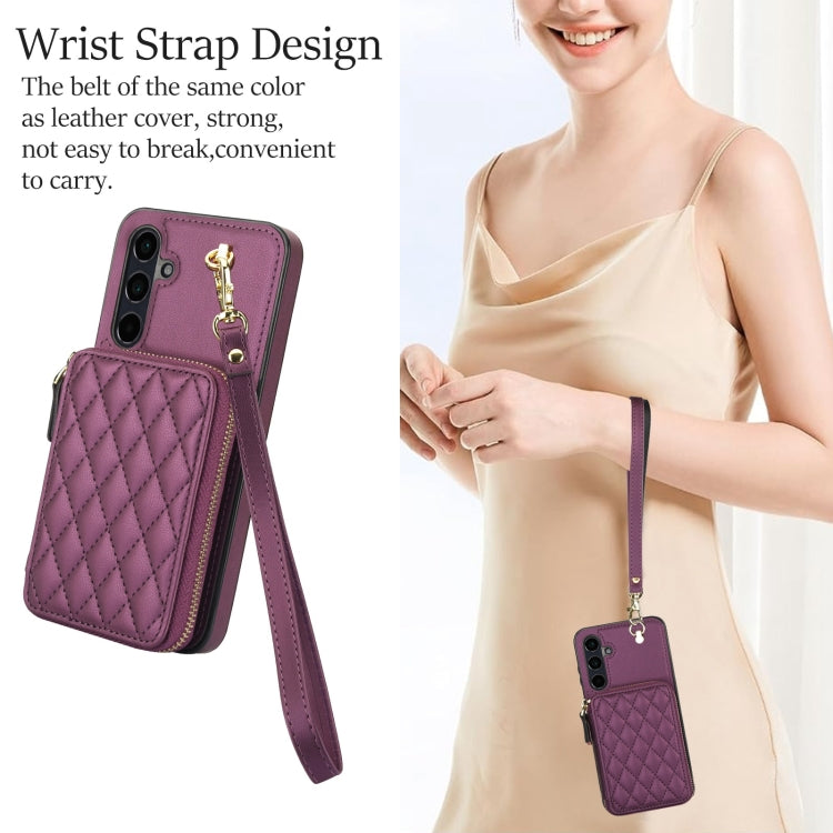 For Samsung Galaxy A15 4G / 5G AwQuer Crossbody Zipper Wallet Rhombic Leather Back Phone Case(Dark Purple)