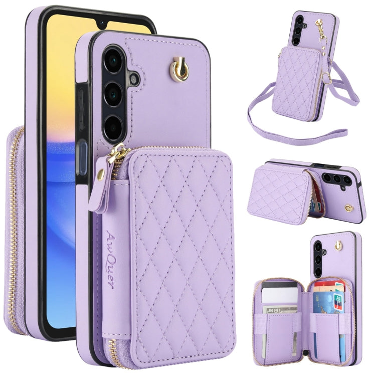 For Samsung Galaxy A15 4G / 5G AwQuer Crossbody Zipper Wallet Rhombic Leather Back Phone Case(Purple)
