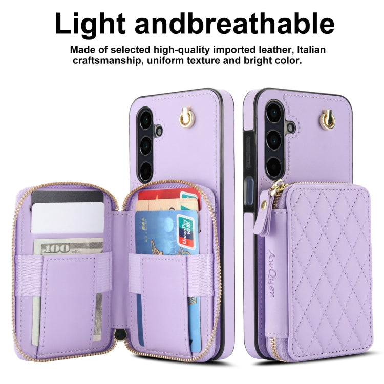 For Samsung Galaxy A15 4G / 5G AwQuer Crossbody Zipper Wallet Rhombic Leather Back Phone Case(Purple)