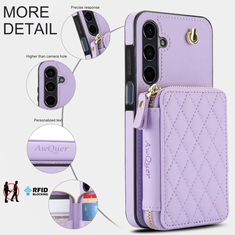 For Samsung Galaxy A15 4G / 5G AwQuer Crossbody Zipper Wallet Rhombic Leather Back Phone Case(Purple)