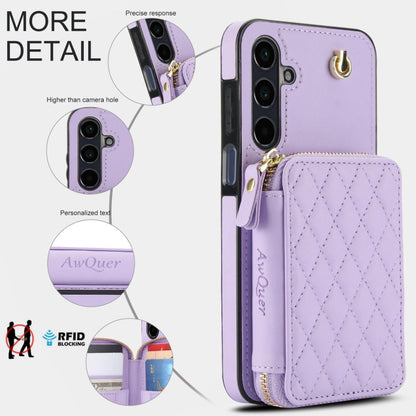 For Samsung Galaxy A15 4G / 5G AwQuer Crossbody Zipper Wallet Rhombic Leather Back Phone Case(Purple)