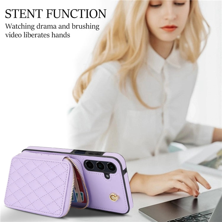 For Samsung Galaxy A15 4G / 5G AwQuer Crossbody Zipper Wallet Rhombic Leather Back Phone Case(Purple)