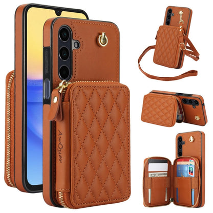 For Samsung Galaxy A15 4G / 5G AwQuer Crossbody Zipper Wallet Rhombic Leather Back Phone Case(Brown)