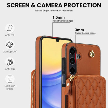 For Samsung Galaxy A15 4G / 5G AwQuer Crossbody Zipper Wallet Rhombic Leather Back Phone Case(Brown)