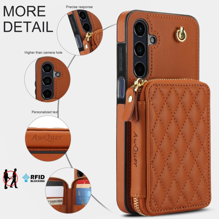 For Samsung Galaxy A15 4G / 5G AwQuer Crossbody Zipper Wallet Rhombic Leather Back Phone Case(Brown)