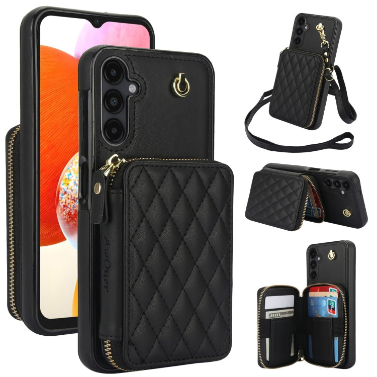 For Samsung Galaxy A14 4G / 5G AwQuer Crossbody Zipper Wallet Rhombic Leather Back Phone Case(Black)