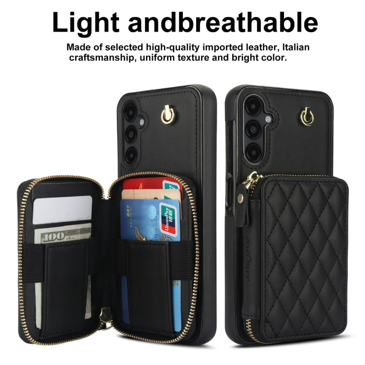 For Samsung Galaxy A14 4G / 5G AwQuer Crossbody Zipper Wallet Rhombic Leather Back Phone Case(Black)