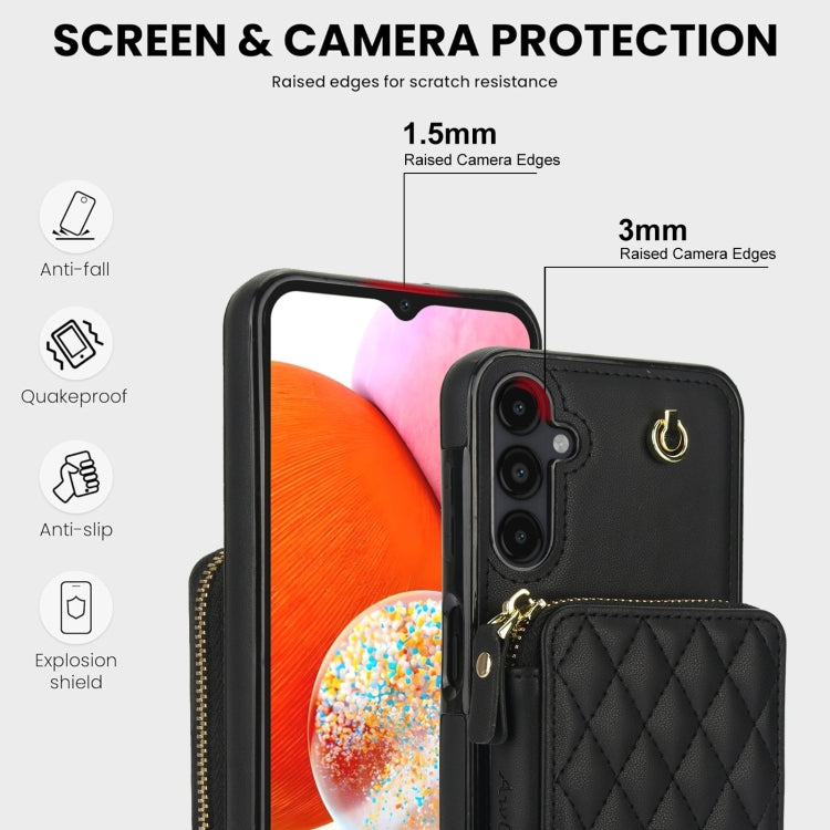 For Samsung Galaxy A14 4G / 5G AwQuer Crossbody Zipper Wallet Rhombic Leather Back Phone Case(Black)
