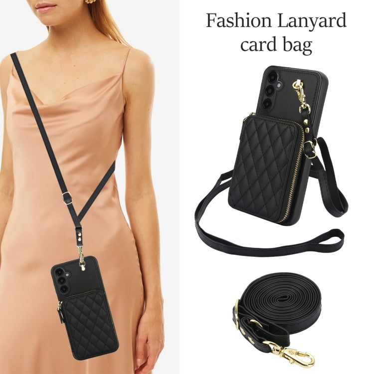 For Samsung Galaxy A14 4G / 5G AwQuer Crossbody Zipper Wallet Rhombic Leather Back Phone Case(Black)