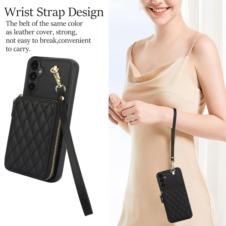 For Samsung Galaxy A14 4G / 5G AwQuer Crossbody Zipper Wallet Rhombic Leather Back Phone Case(Black)