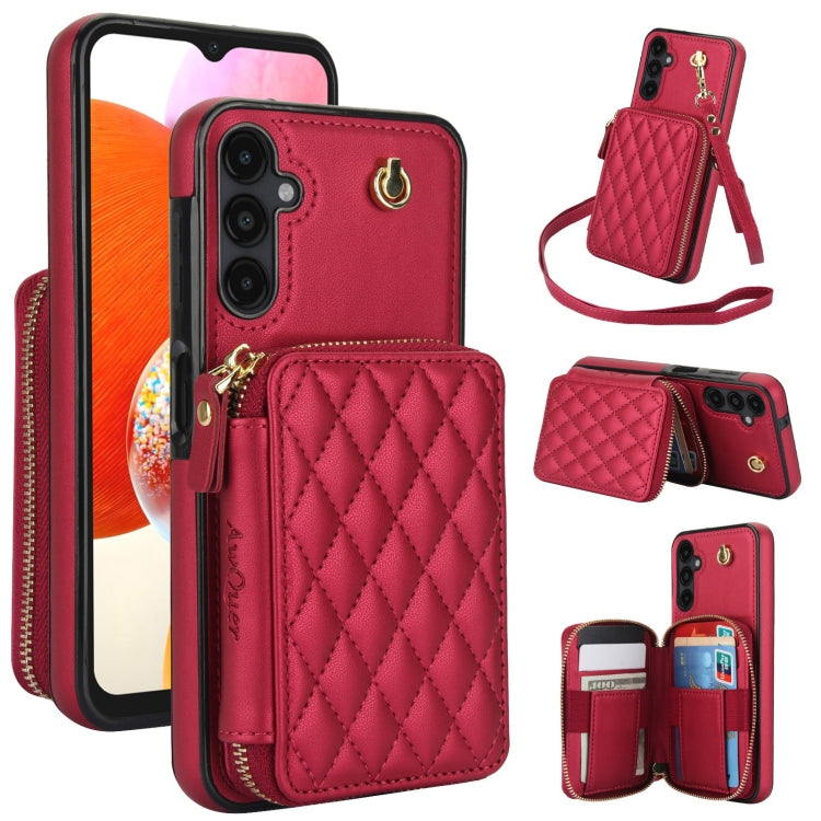 For Samsung Galaxy A14 4G / 5G AwQuer Crossbody Zipper Wallet Rhombic Leather Back Phone Case(Red)