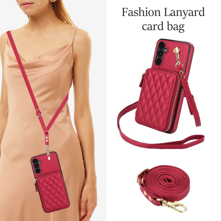 For Samsung Galaxy A14 4G / 5G AwQuer Crossbody Zipper Wallet Rhombic Leather Back Phone Case(Red)