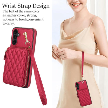 For Samsung Galaxy A14 4G / 5G AwQuer Crossbody Zipper Wallet Rhombic Leather Back Phone Case(Red)