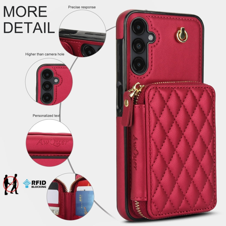 For Samsung Galaxy A14 4G / 5G AwQuer Crossbody Zipper Wallet Rhombic Leather Back Phone Case(Red)