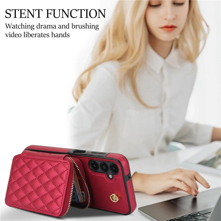 For Samsung Galaxy A14 4G / 5G AwQuer Crossbody Zipper Wallet Rhombic Leather Back Phone Case(Red)