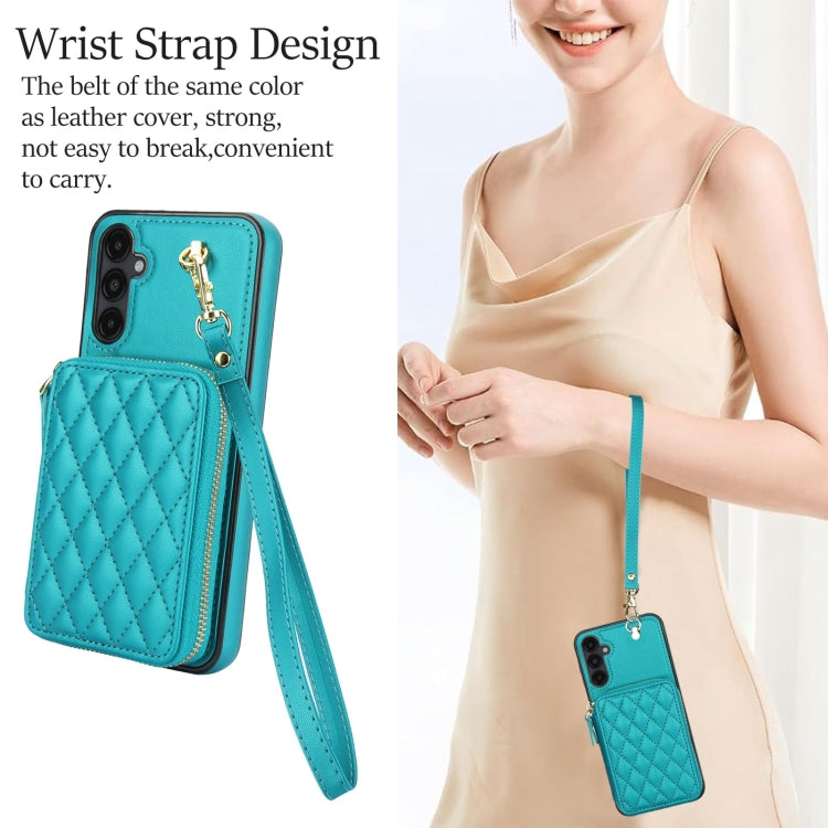 For Samsung Galaxy A14 4G / 5G AwQuer Crossbody Zipper Wallet Rhombic Leather Back Phone Case(Green)