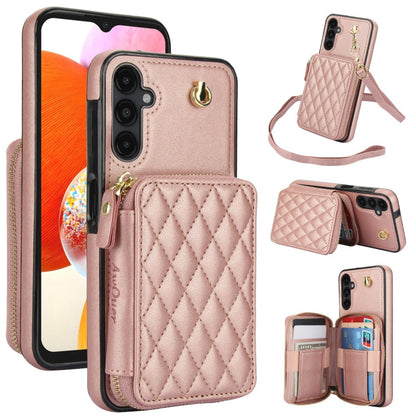 For Samsung Galaxy A14 4G / 5G AwQuer Crossbody Zipper Wallet Rhombic Leather Back Phone Case(Rose Gold)