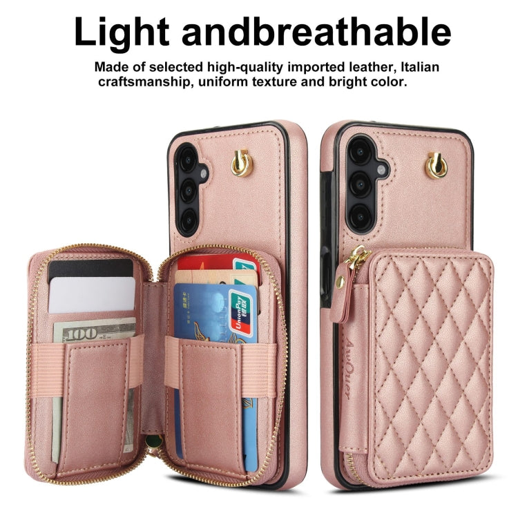For Samsung Galaxy A14 4G / 5G AwQuer Crossbody Zipper Wallet Rhombic Leather Back Phone Case(Rose Gold)