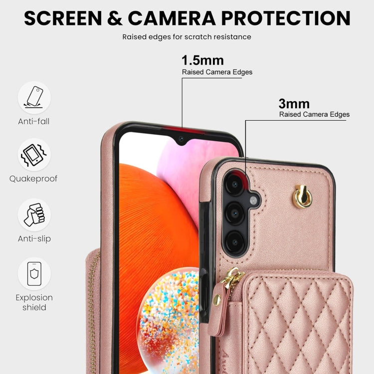 For Samsung Galaxy A14 4G / 5G AwQuer Crossbody Zipper Wallet Rhombic Leather Back Phone Case(Rose Gold)