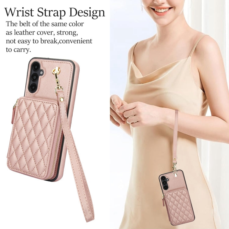 For Samsung Galaxy A14 4G / 5G AwQuer Crossbody Zipper Wallet Rhombic Leather Back Phone Case(Rose Gold)