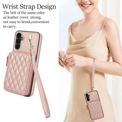 For Samsung Galaxy A14 4G / 5G AwQuer Crossbody Zipper Wallet Rhombic Leather Back Phone Case(Rose Gold)