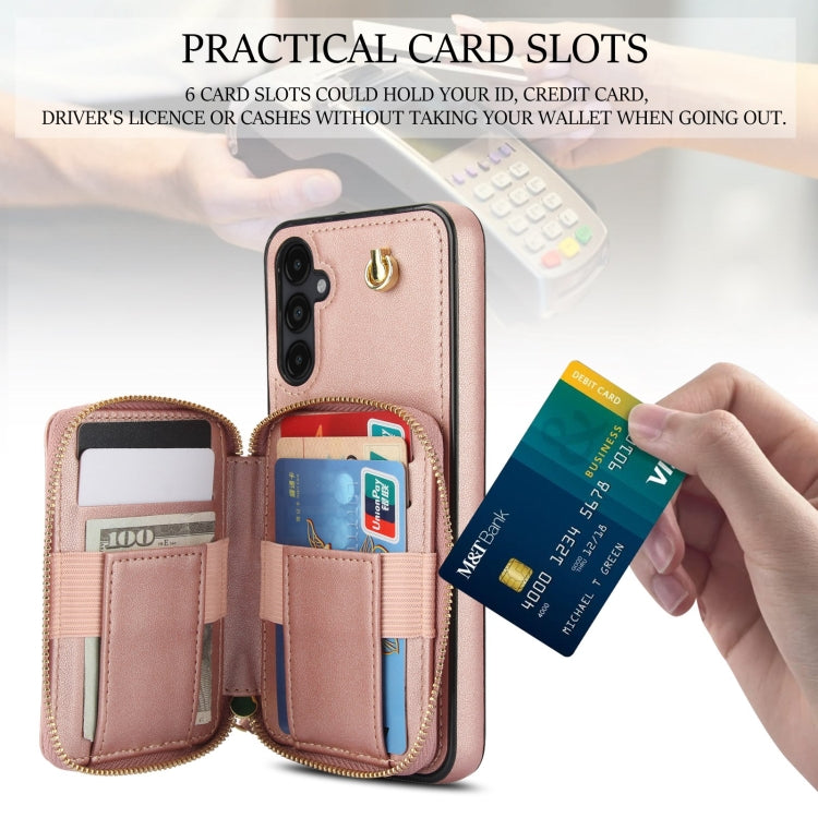 For Samsung Galaxy A14 4G / 5G AwQuer Crossbody Zipper Wallet Rhombic Leather Back Phone Case(Rose Gold)