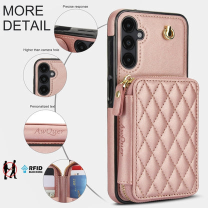 For Samsung Galaxy A14 4G / 5G AwQuer Crossbody Zipper Wallet Rhombic Leather Back Phone Case(Rose Gold)