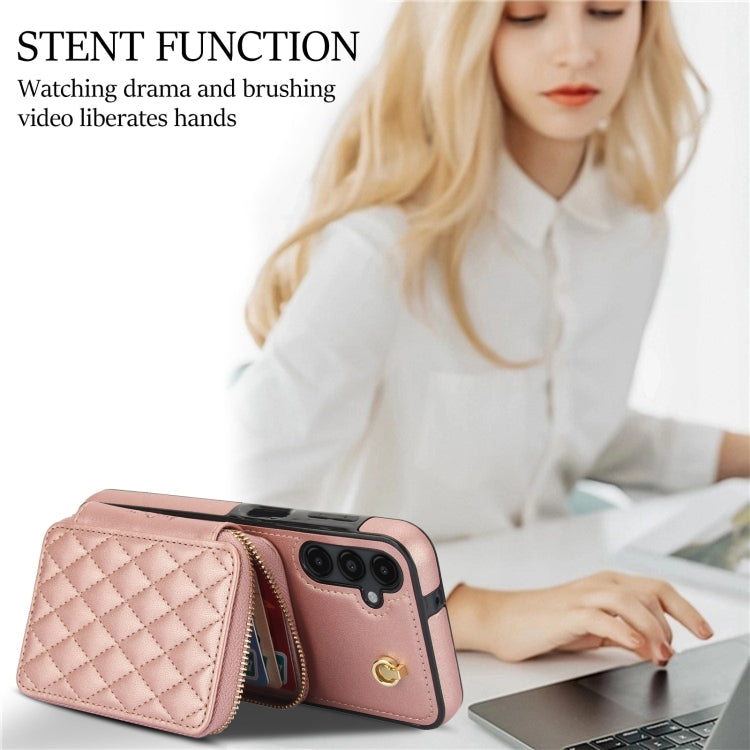 For Samsung Galaxy A14 4G / 5G AwQuer Crossbody Zipper Wallet Rhombic Leather Back Phone Case(Rose Gold)