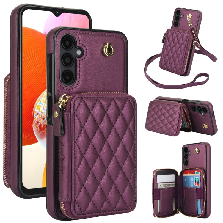 For Samsung Galaxy A14 4G / 5G AwQuer Crossbody Zipper Wallet Rhombic Leather Back Phone Case(Dark Purple)