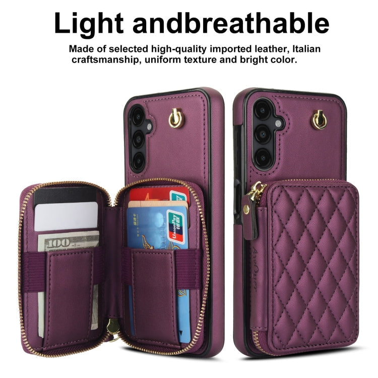 For Samsung Galaxy A14 4G / 5G AwQuer Crossbody Zipper Wallet Rhombic Leather Back Phone Case(Dark Purple)